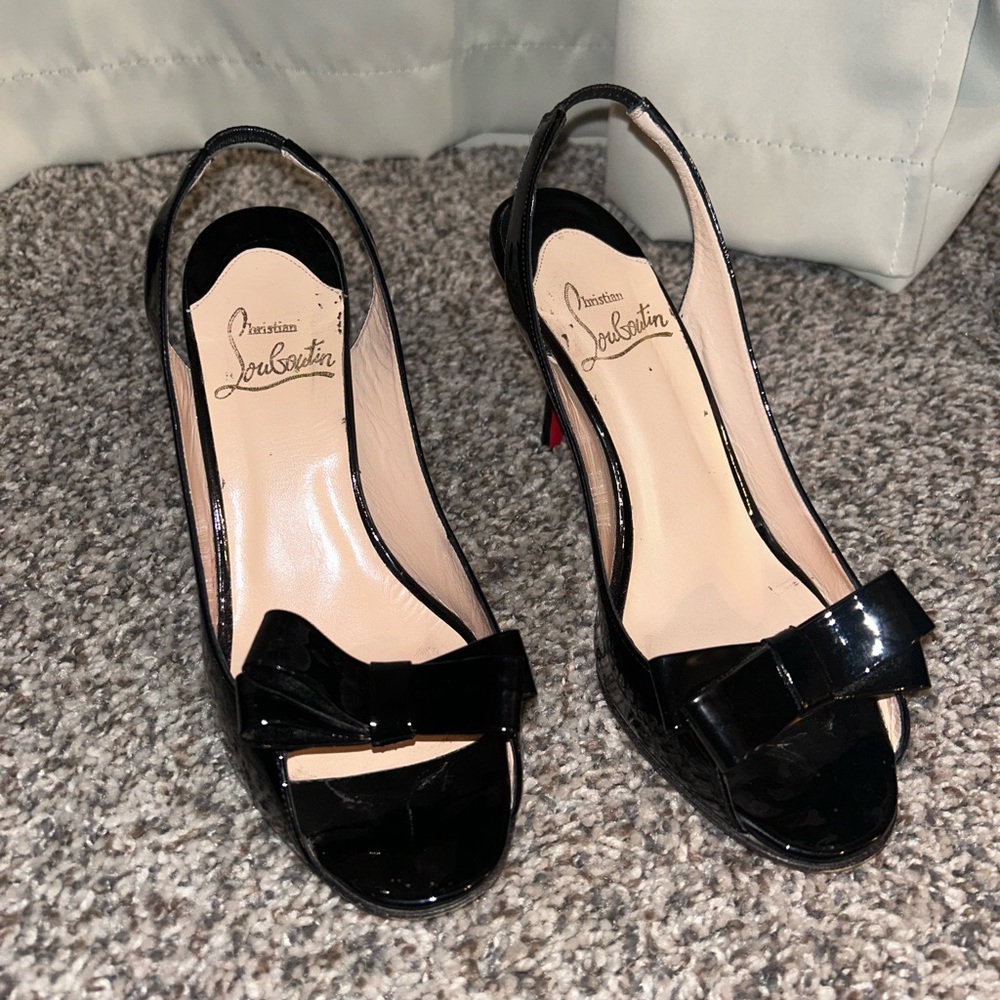 Christian Louboutin Black Patent Bow Slingback Peep Toe Pumps